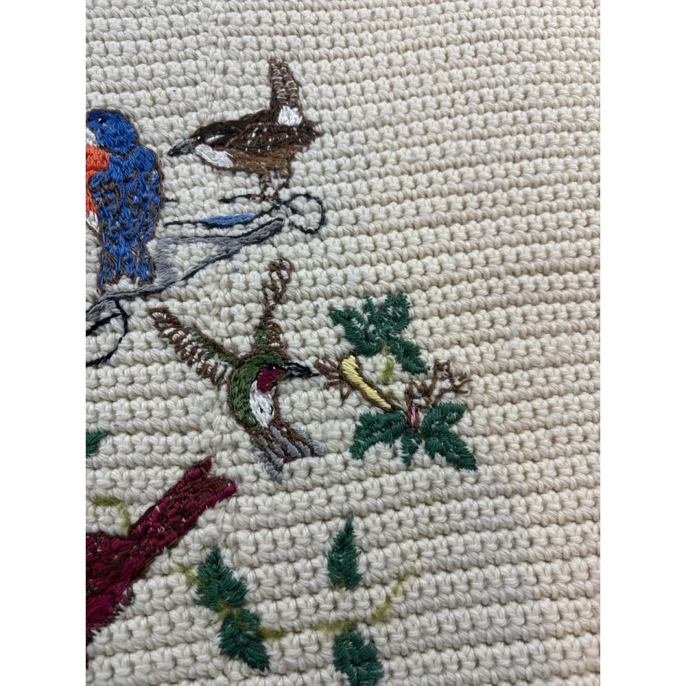 Handmade Colorful Birds Cream Crochet Knit Afghan‎ Throw Blanket w/ Fringe 37x57